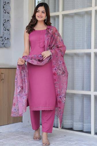 Mauve solid cotton kurta set for women