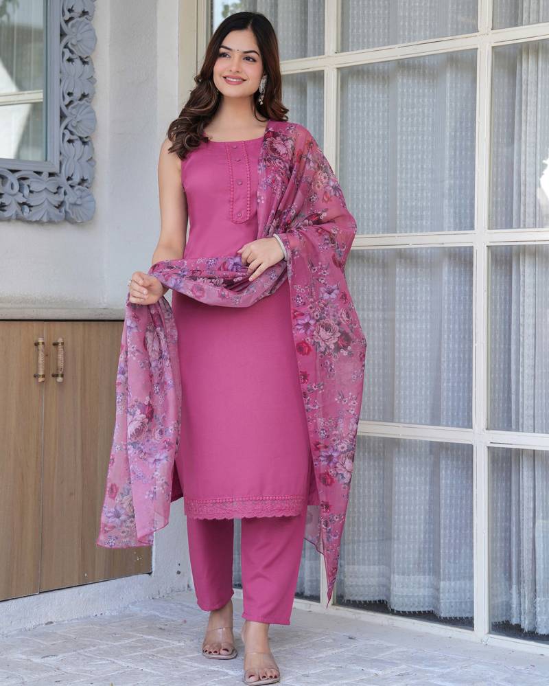 Mauve solid pure cotton kurta set for women