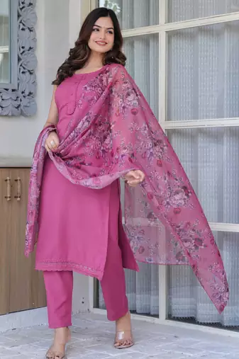 Mauve solid pure cotton kurta set for women
