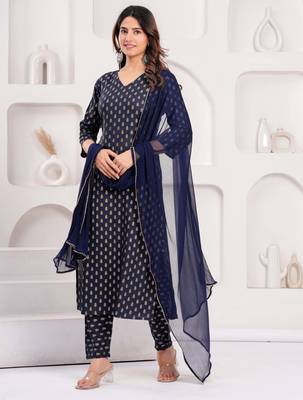 Navy blue floral printed viscose rayon kurta set for women 1