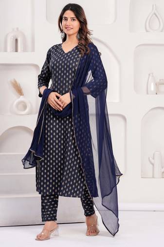Navy blue floral printed viscose rayon kurta set for women
