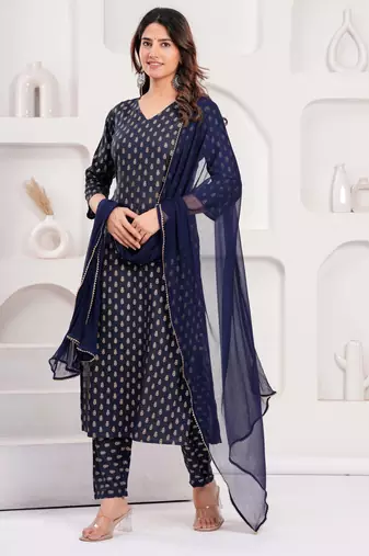 Navy blue floral printed viscose rayon kurta set for women