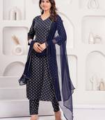 Navy blue floral printed viscose rayon kurta set for women