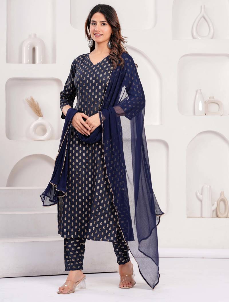 Navy blue floral printed viscose rayon kurta set for women