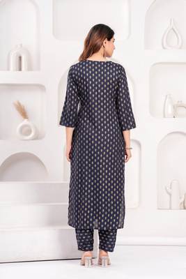 Navy blue floral printed viscose rayon kurta set for women 2