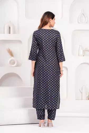 Navy blue floral printed viscose rayon kurta set for women