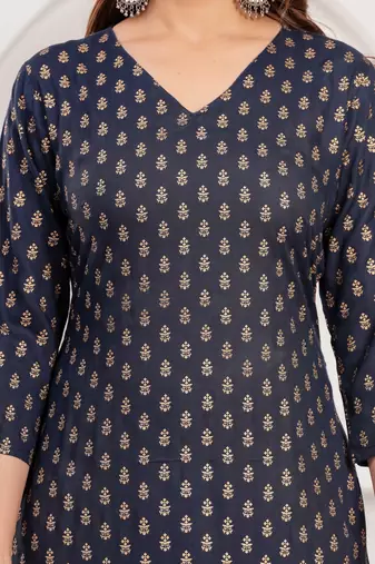 Navy blue floral printed viscose rayon kurta set for women
