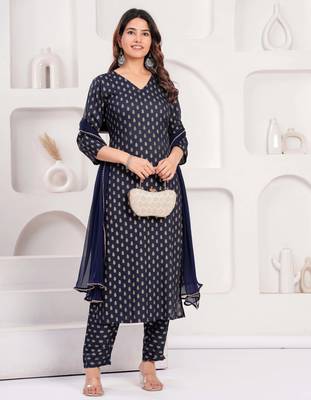 Navy blue floral printed viscose rayon kurta set for women 4