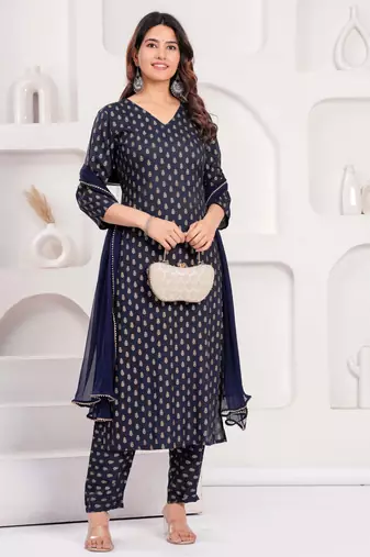 Navy blue floral printed viscose rayon kurta set for women