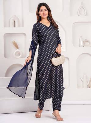 Navy blue floral printed viscose rayon kurta set for women 5