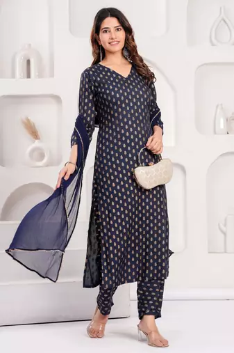 Navy blue floral printed viscose rayon kurta set for women