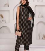 Black floral printed pure cotton kurta set for women