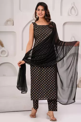 Black floral printed cotton kurta set for women