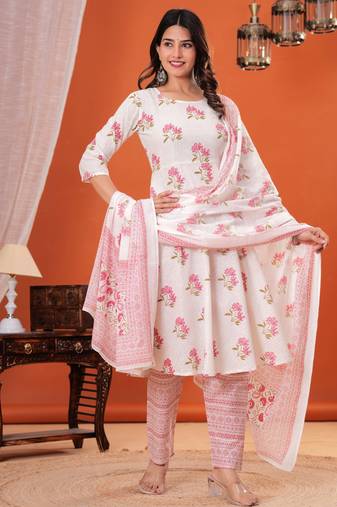 White floral printed cotton kurta set for women