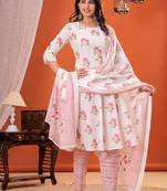 White floral printed pure cotton kurta set for women