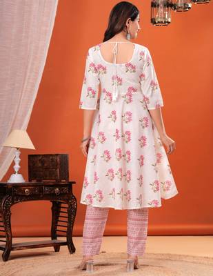 White floral printed pure cotton kurta set for women 2