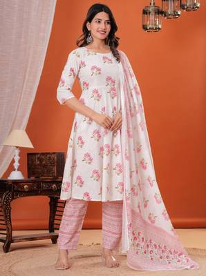 White floral printed pure cotton kurta set for women 3