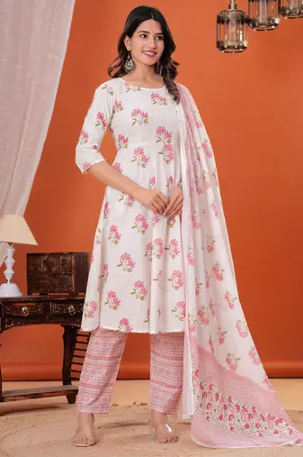 White floral printed cotton kurta set for women