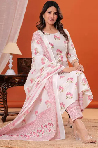 White floral printed cotton kurta set for women