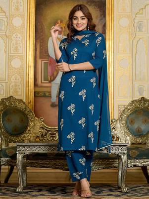 Teal floral printed pure cotton kurta set for women 1