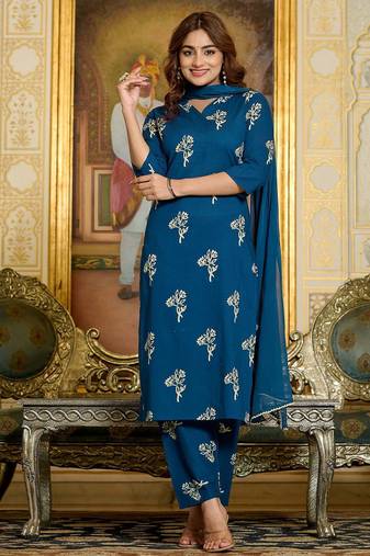 Teal floral printed cotton kurta set for women