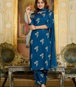 Teal floral printed pure cotton kurta set for women