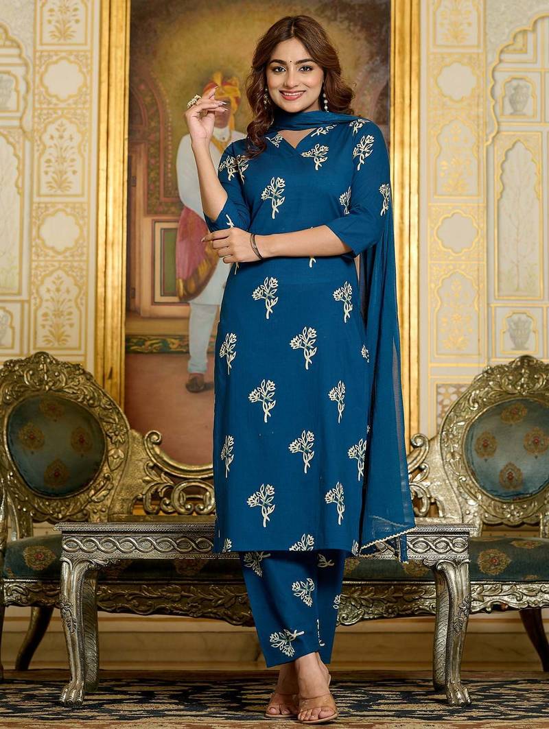 Teal floral printed pure cotton kurta set for women