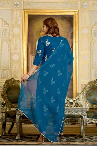 Teal floral printed cotton kurta set for women