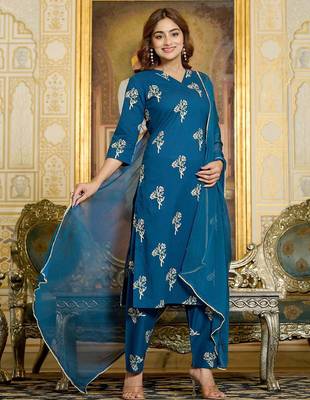 Teal floral printed pure cotton kurta set for women 3