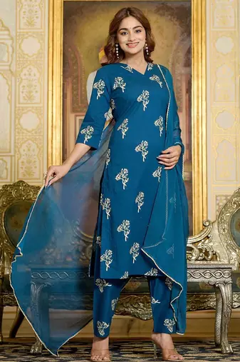 Teal floral printed cotton kurta set for women