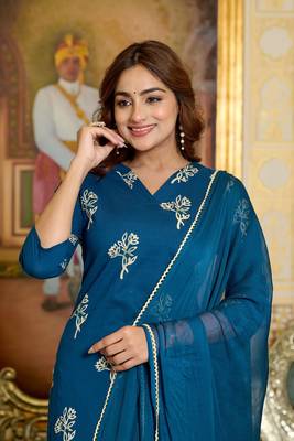 Teal floral printed pure cotton kurta set for women 4