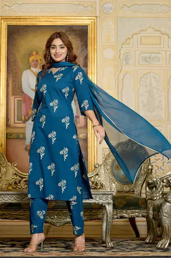 Teal floral printed cotton kurta set for women
