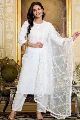 White floral printed cotton kurta set for women