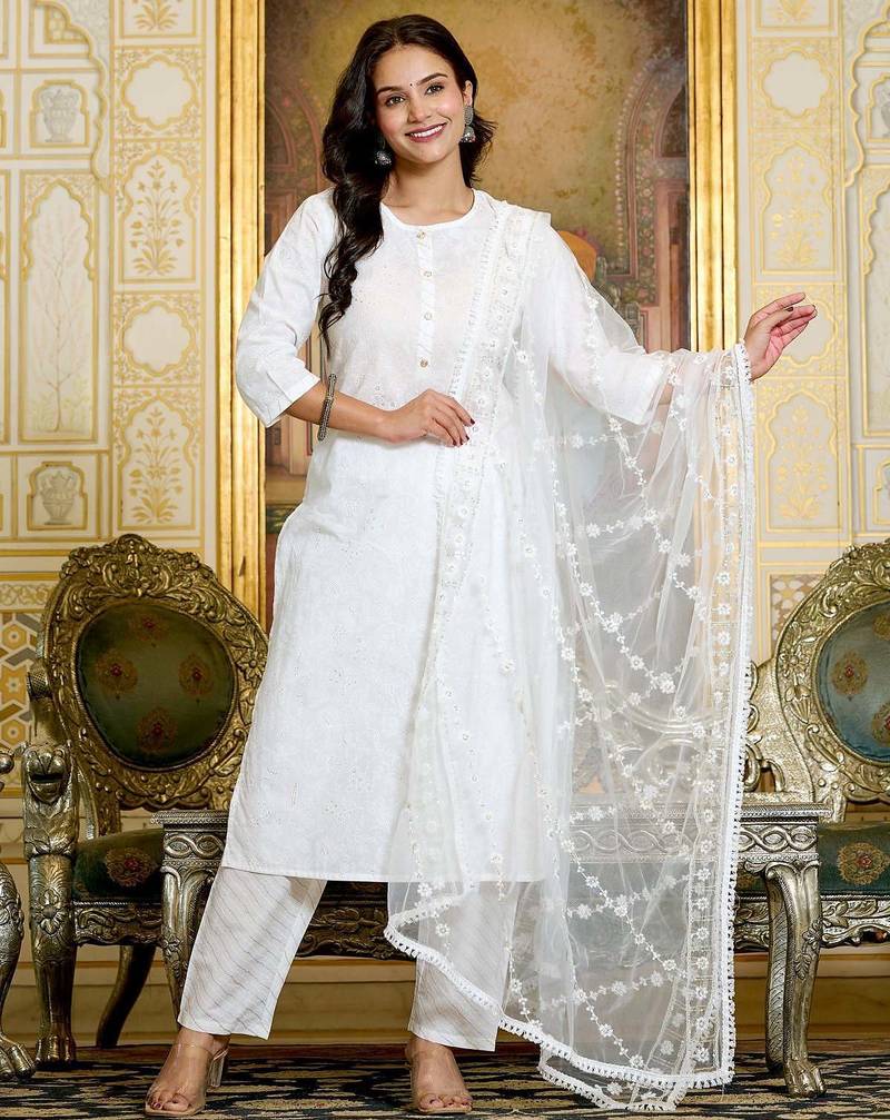 White floral printed pure cotton kurta set for women