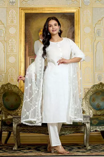 White floral printed cotton kurta set for women