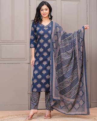 Navy blue floral printed pure cotton kurta set for women 1