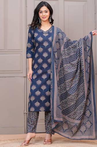 Navy blue floral printed cotton kurta set for women