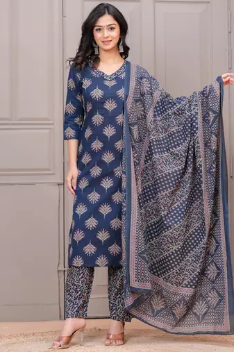 Navy blue floral printed cotton kurta set for women