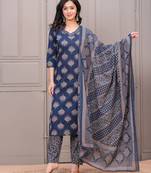 Navy blue floral printed pure cotton kurta set for women