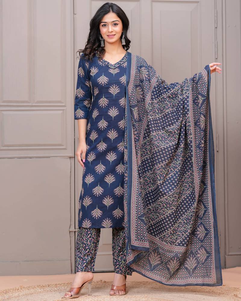 Navy blue floral printed pure cotton kurta set for women