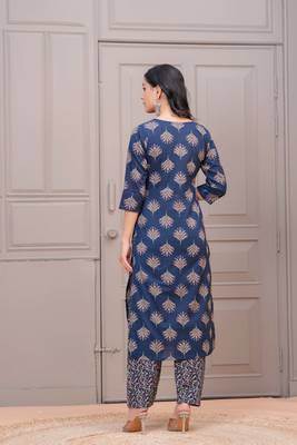Navy blue floral printed pure cotton kurta set for women 2