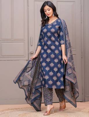 Navy blue floral printed pure cotton kurta set for women 3