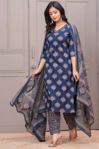 Navy blue floral printed cotton kurta set for women