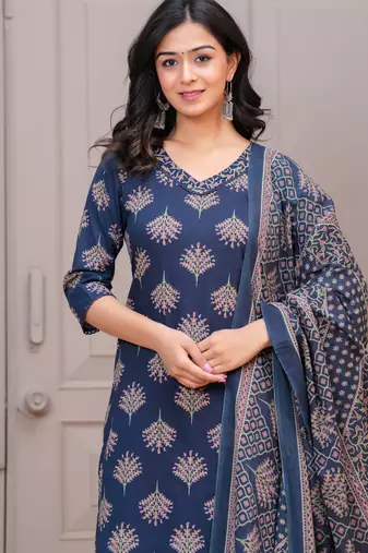 Navy blue floral printed cotton kurta set for women