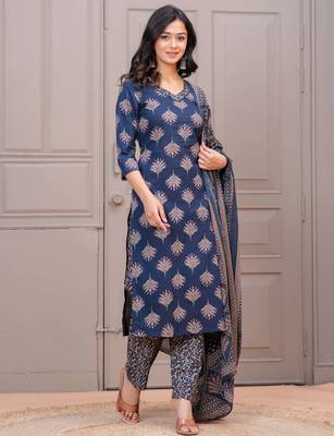 Navy blue floral printed pure cotton kurta set for women 5