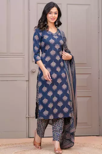 Navy blue floral printed cotton kurta set for women