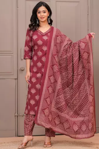 Maroon floral printed cotton kurta set for women