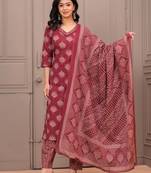 Maroon floral printed pure cotton kurta set for women