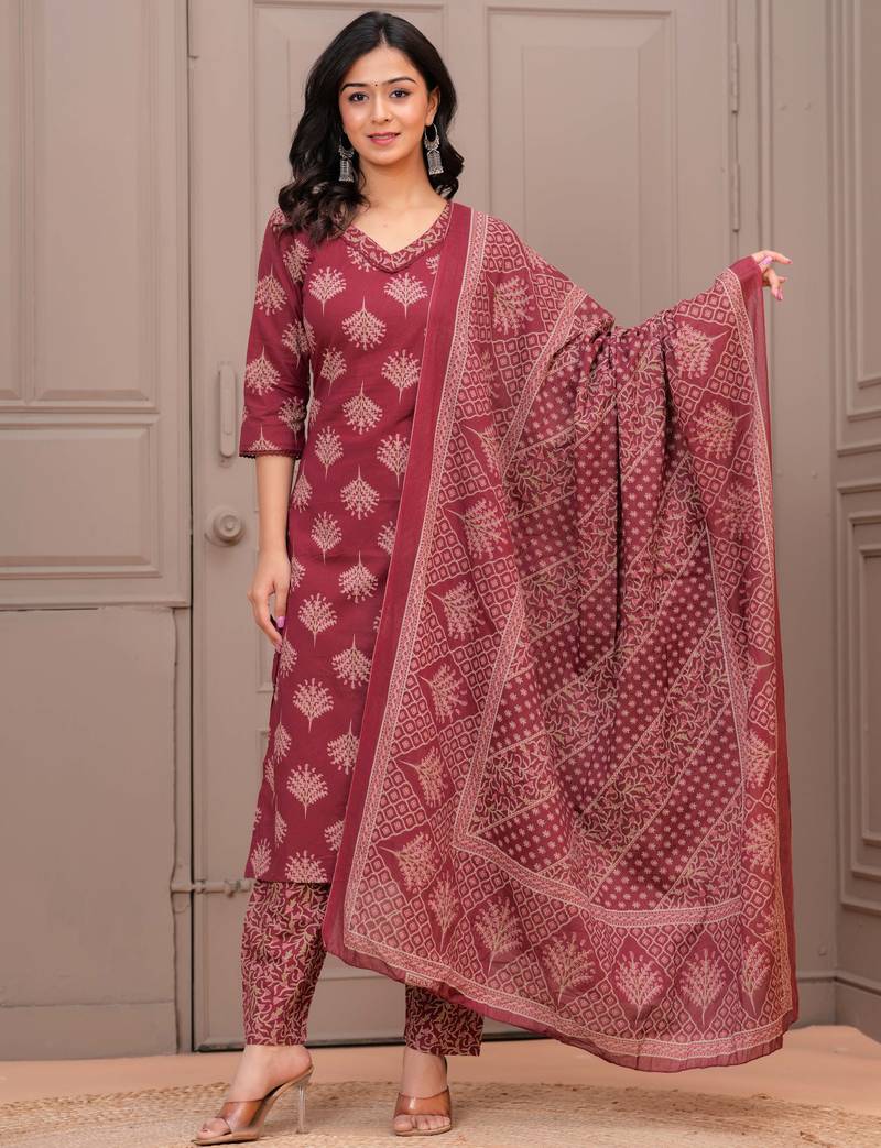 Maroon floral printed pure cotton kurta set for women
