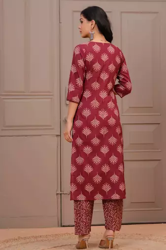 Maroon floral printed cotton kurta set for women